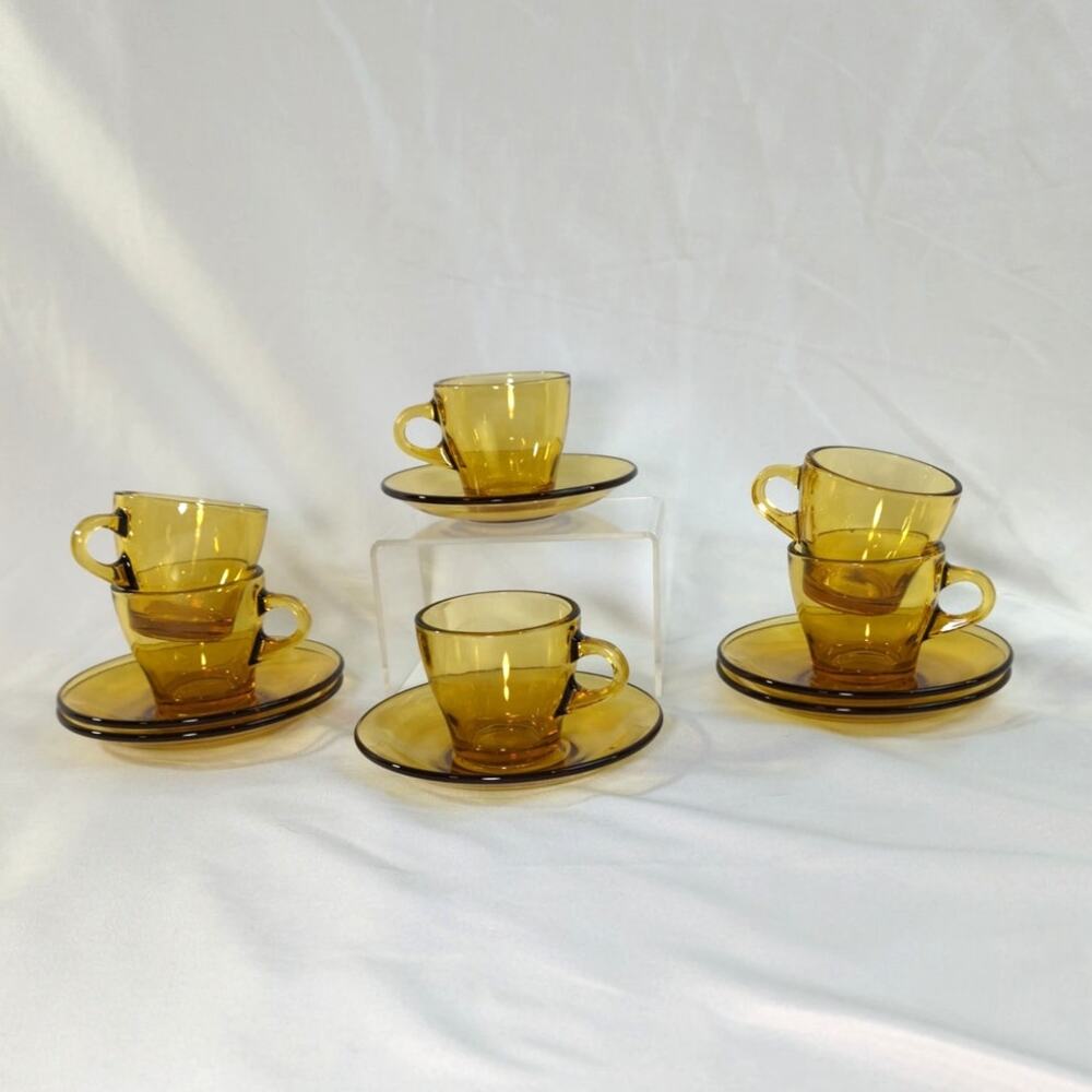 6 Vintage Amber Glass Espresso Cups & Saucers Vitrosax Italy by Bormioli Rocco